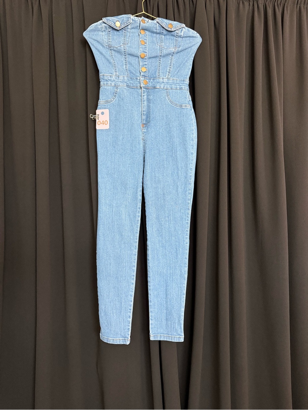 Strapless Light Blue Denim Jumpsuit with Button Front